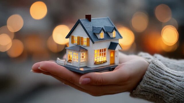 Dream Home in Hand: A miniature house, lovingly cradled in open palm, illuminates with warmth and promise, symbolizing the realization of homeownership.