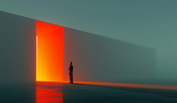 Abstract neon illustration of glowing orange doorway landscape with lone person. Concept of futuristic digital environment, AI creativity, tech-driven background, and immersive visual experience