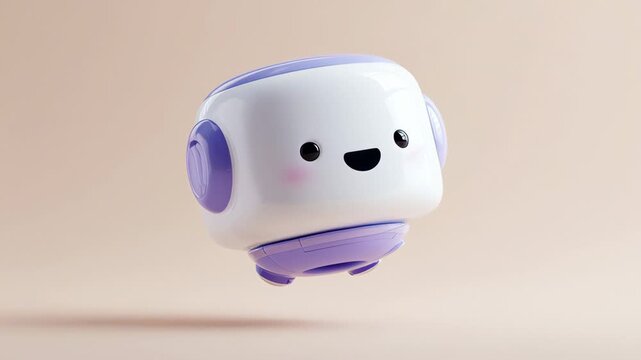 A cute robot kawaii 3d render pastel smiling face minimal glossy rounded floating friendly character toy cartoon adorable loop animation futuristic headset violet white hollow, cute robot kawaii pas