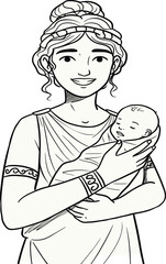 Black and White Line Art Illustration of a Smiling Greek Goddess or Roman Mother Holding a Sleeping Swaddled Infant, Representing Motherhood, History,