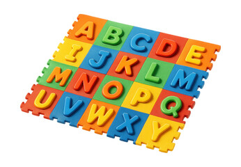 Interactive alphabet mat with removable tiles for early literacy in home learning.