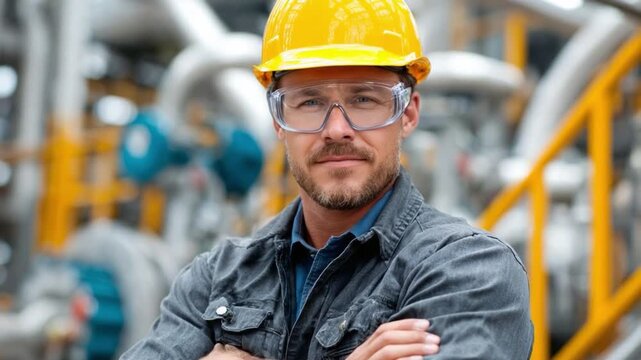 The Engineer's Vigil: A focused engineer, clad in a safety helmet and glasses, stands with an air of assured proficiency in a complex industrial setting, exemplifying expertise and commitment.