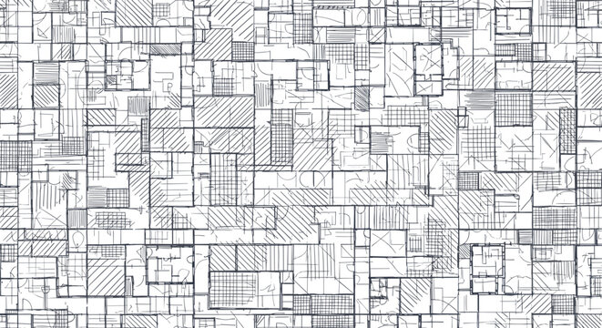 Intricate seamless pattern of abstract geometric shapes and sketched lines, creating a complex, blueprint-like texture in monochrome.