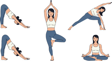 Elegant woman showcasing various yoga positions for wellness promotion