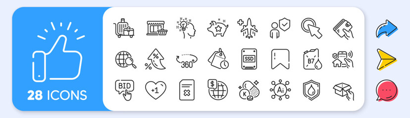 Delete file, Baggage cart and Waterproof line icons. Interest rate, AI generate, Inflation icons. Pack of World money, 360 degrees, Ssd icon. Hold box, Medical flight, Security pictogram. Vector