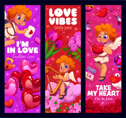 Obraz premium Valentine day banners with love cupid characters for holiday, vector greetings. Valentine day cherub angels with arrow in heart, harp and love message envelope on pink clouds with balloons and flowers