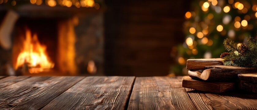 Cozy Christmas Hearth and Festive Wooden Table Background with Firewood and Bokeh Lights