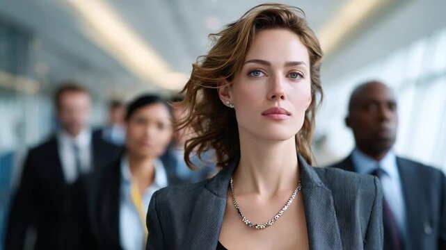 Confident Businesswoman Leading the Way: A poised and confident businesswoman, stands out among her colleagues, exuding leadership and determination in a professional setting.