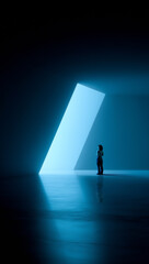 Abstract collage. Person standing under bright blue angular light opening in minimal room. Concept of tech backgrounds, AI creativity, future digital design, and immersive visual experience. © Lustre Art Group 
