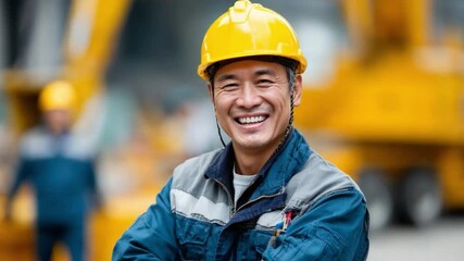 Construction worker portrait: A cheerful construction worker wearing a hardhat beams a welcoming smile, representing reliability and dedication to his job.
