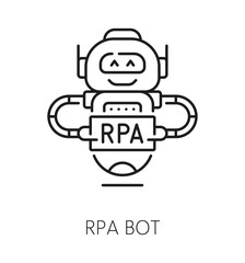 RPA bot thin line icon or robot automation emblem. Robotic innovation outline vector pictogram, RPA linear icon. Business process automation technology sign with robot, bot or droid funny character