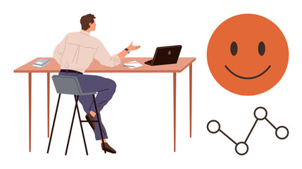 Man seated at desk with laptop, papers discussing ideas, large happy face representing positivity, flow chart for concept clarity. Ideal for teamwork, creativity, positivity, workflow, brainstorming
