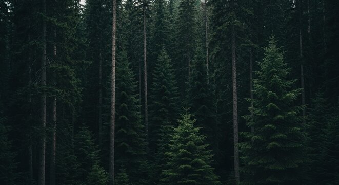 Dense forest of tall pines. Dark, moody, and tranquil. Vertical trunks, deep greens, and muted light