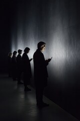 Silhouetted people standing in a dim minimalist space illuminated only by smartphone screens creating a dramatic scene about digital isolation and modern technology dependence
