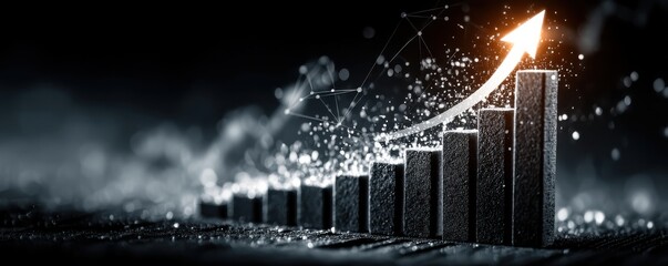 Upward trending bar graph with bright arrow indicating growth and positive momentum in business analytics