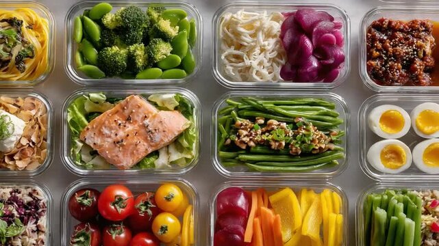 Culinary Canvas: A vibrant collection of meal prep containers, each showcasing a spectrum of fresh, wholesome foods, offering a visual feast of color and texture. 