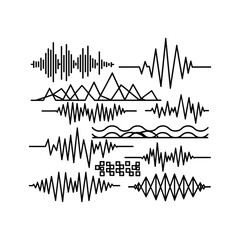 Collection of sound wave graphics and audio waveform patterns, isolated on