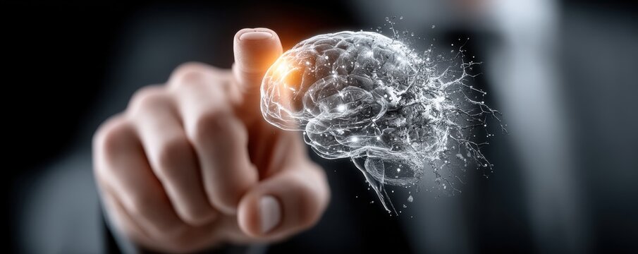 Businessman touches a digital brain with glowing neurons, symbolizing neural networks, innovation, and future technology
