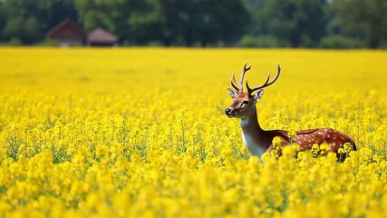 Deer in yellow flower field