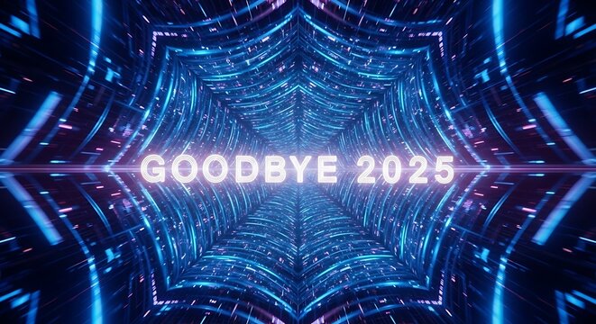 Glowing goodbye year message in a futuristic tunnel background