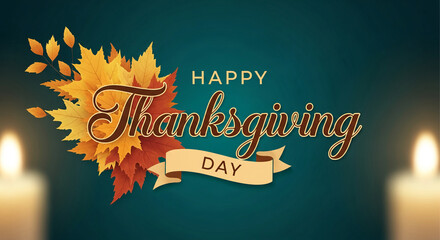 Autumnal leaf arrangement beside "Happy Thanksgiving Day" script on teal backdrop. Festive, warm composition representing gratitude and autumnal holiday spirit