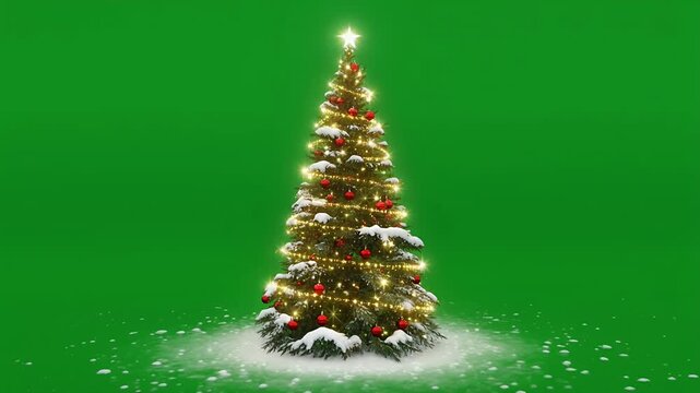 Decorated christmas tree with glowing lights and star on a green screen background