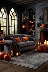 Naklejka premium Halloween themed living room with pumpkins, candles, fireplace, and a cozy gray sofa