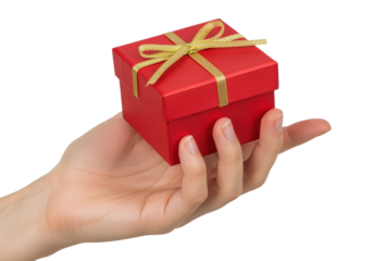 Hand Holding a Bright Red Gift Box with Golden Ribbon Bows