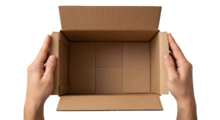 Hands Holding Open Cardboard Box Isolated on White Background