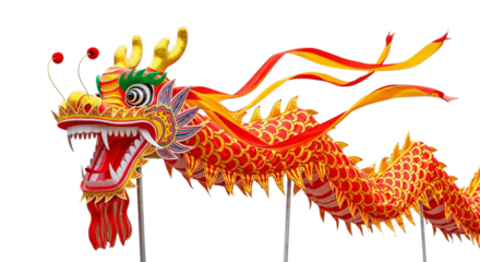 Close up of a vibrant chinese dragon puppet against black background on transparent background