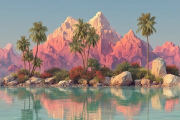 Cartoon pink mountains with palm trees by a calm lake at sunset in a low-poly style