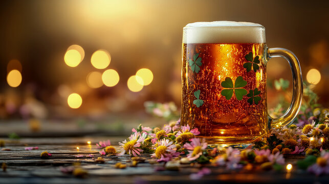 Refreshing St. Patrick's Day golden ale in festive shamrock-adorned mug, surrounded by vibrant spring wildflowers on rustic wooden table with sparkling bokeh lights