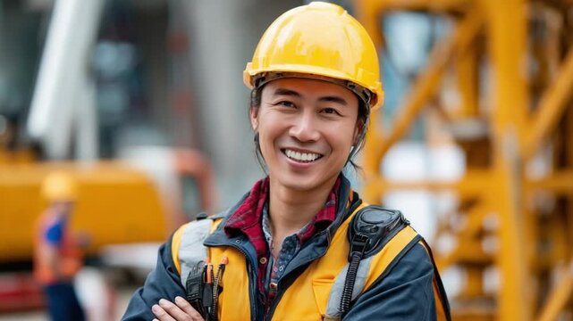 Smiling Construction Worker: An industrious construction worker, radiating confidence and professionalism, poses proudly amidst a construction site, highlighting hard work and dedication.