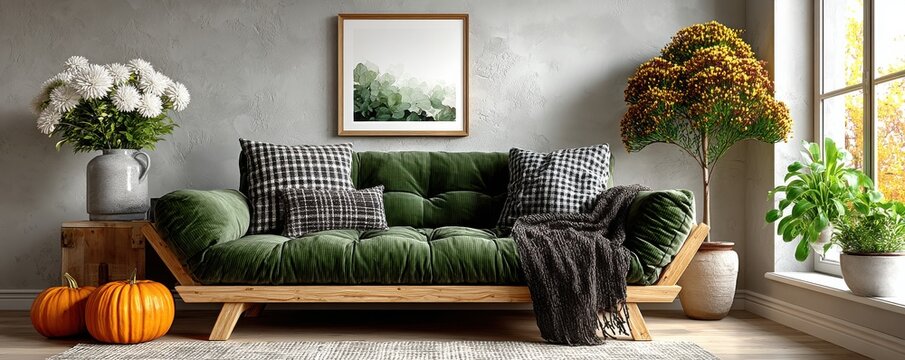 Cozy living room scene with a green sofa, pumpkins, and lush plants in autumn light