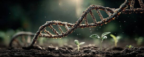DNA double helix surrounded by tiny green plants in a magical, biotechnological forest scene today