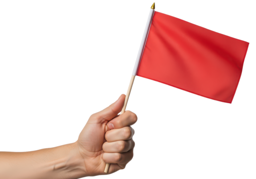 Person Holding a Bright Red Flag in Hand Against a Dark Background