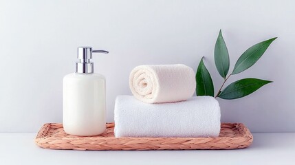 A minimalist spa scene featuring a white lotion dispenser, neatly rolled towels, and fresh green leaves arranged on a woven tray against a light background.