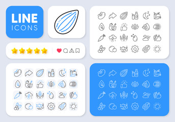 Recycle water, Juice and Moon line icons for web app. Message, Share, Like social media icons. Pack of Almond nut, Green energy, Apple pictogram icons. Christmas holly, Peas, World water signs. Vector