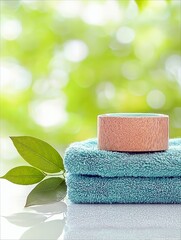 A serene spa and wellness arrangement featuring stacked teal towels, a wooden container, and fresh green leaves, set against a blurred green background.