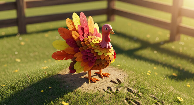 Stylized turkey with vibrant feathers in a field. Representative of holiday, specifically Thanksgiving or fall harvest, symbolizing celebration