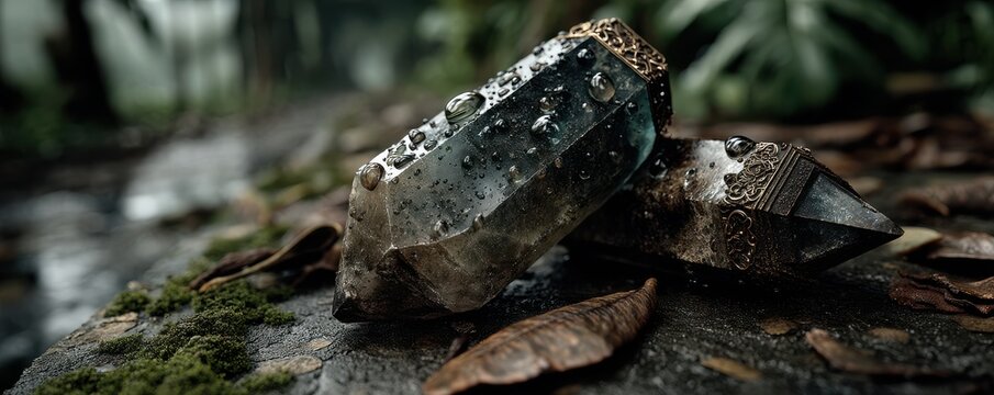 Crystals on the wet forest ground: dark stones glistening after rain in a moody woodland scene