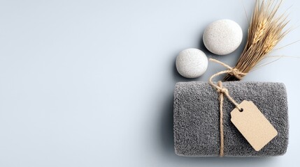 A flat lay composition of spa and wellness items including a folded grey towel, two smooth stones, and dried wheat stalks, all tied together with twine and a bl