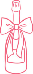Hand-drawn champagne bottle with a bow, pink color, doodle sketch.