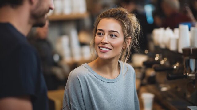 Beautiful young blonde woman with a messy bun smiling and talking with a man. She is a customer in a busy modern coffee shop
