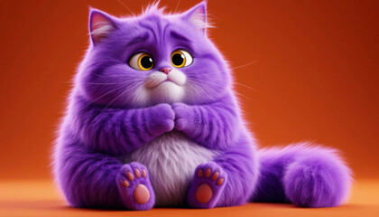 An image of a cute, adorable, fluffy purple kitten sitting with its paws dangling on an orange background