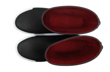 black rubber boots isolated on white background, top view