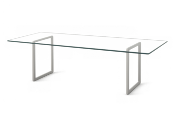 Glass top office desk with white metal legs creating modern minimalist workplace furniture on transparent background