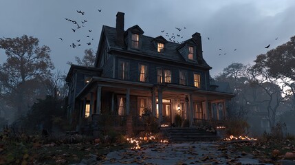 Fototapeta premium Spooky Haunted House Surrounded by Bats and Eerie Fog at Twilight