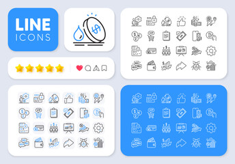 Phone pay, Meeting and Vip shopping line icons for web app. Message, Share, Like social media icons. Pack of Bid offer, Deflation, Clipboard pictogram icons. Vector