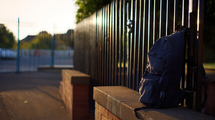 mediocrity. Abandoned backpack on empty school steps as gate closes in melancholic morning light. wellbeing guides, coaching materials, designed for mental health education and mindfulness programs.